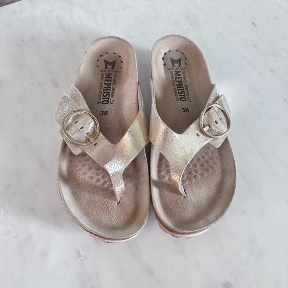 Mephisto Shoes - Mephisto Gold Shiney Big Buckle Comfort Cork Slide Sandal Leather EU Size 38